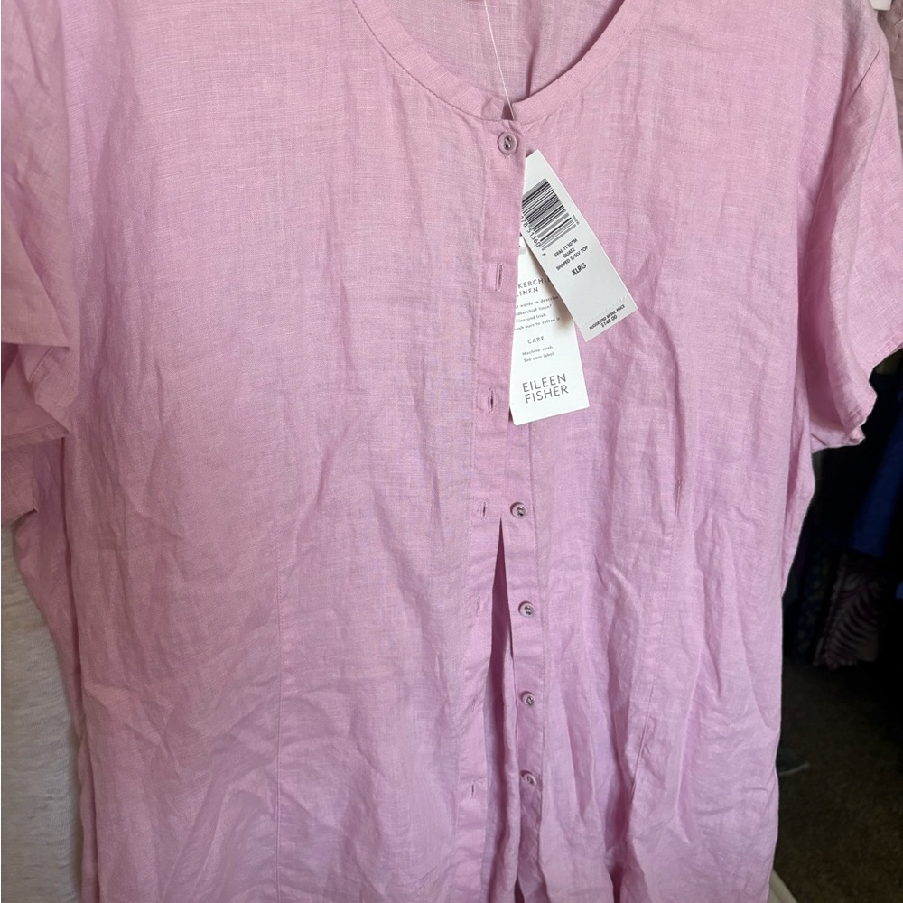 Eileen Fisher Light Pink Linen Button-Front Short Sleeve Top